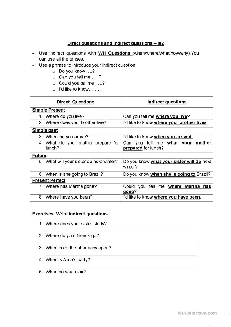 direct and indirect speech worksheet
