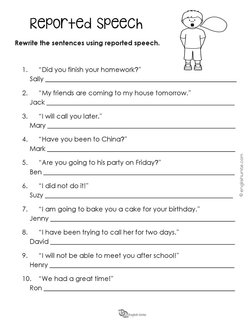 practice worksheet of direct and indirect speech